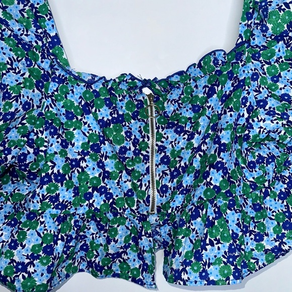 Zara blue green floral puff sleeve back zip crop top size large - Picture 6 of 6